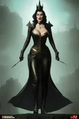 Ava Gardner as evil queen in black leather, busty, cleavage, curvy, angry, stern look. character design by cory loftis, fenghua zhong, ryohei hase, ismail inceoglu and ruan jia. unreal engine 5, artistic lighting, highly detailed, photorealistic, fantasy