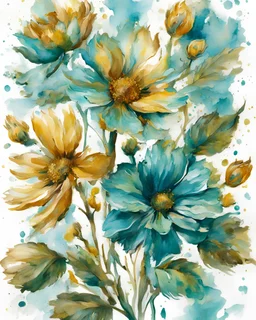 turquois , GREEN and gold flower van Gough water color on white background