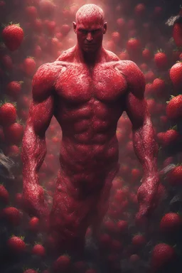 full body portrait, head to toe, imagine in a world made out of strawberries, a 4k UHD strawberry skinned, 1080p strawberry skinned man., at the edge of the Strawberry universe, three million years in the future, an extremely mutated and old Strawberry humanoid being, Volcanic Strawberry Super-man, with wirey, messy, spiked up, long leafy green strawberry hair, burned, scarred and ashy strawberry skin with a lost gaze, bound to the edge of time, wandering aimlessly and alone