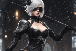 Hot 2B with blindfold in 8k nier automata artstyle, 2B them, 2B Custom, blindfold, close picture, rain, fantasy world, intricate details, highly detailed, high details, detailed portrait, masterpiece,ultra detailed, ultra quality