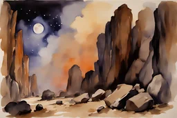 Night, mountains, rocks, gothic horror films influence, john singer sargent watercolor paintings