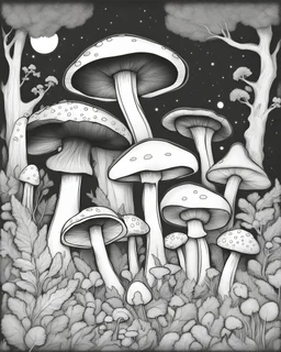 midnight mushroom coloring book, Moonlit Mushroom Grove, coloring pages for kids, cartoon style, thick line, low detail, white background, black and white, no shading, clear line art, high quiality img, no grysce