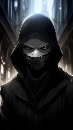 Fanatsy world, anime, assassins black mask, full face covered man