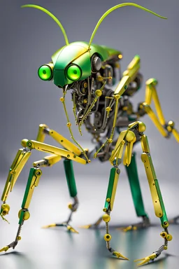A robotic praying mantis, made of a shiny Kelly green metal with bolts in the joints and yellow laser eyes