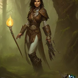 dungeons and dragons, female human, druid, brown hair, brown eyes, full body, realistic face, short hair, facial scarring