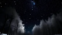 雪夜 星空下小木房 突出黑暗 和稀希的星光