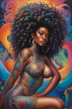 Create a futurism oil painting image of a curvy black female and tattoo on her legs while she bends down holding her large colorful mane of curly large afro. Prominent makeup with lush lashes. Her hair is highly detailed,her hair covers her body and all her curls are colorful. She wears no shoes and her skin glows