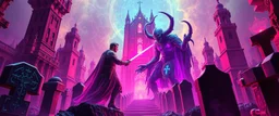 Epic portrait of paladin vs lich in tower cemetery in the style of Giger and Escher in Transparent Psychedelic Fluorescent Colors looking like a Record Cover