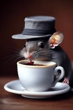 little rat in a small hat drinks coffee from a small cup