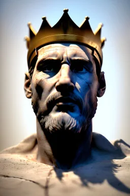 Ultra Realistic image, Roman sculpture, white marble material, Lionel Messi, gold crown of natural thorns, god crown, Miguel Angel style, sun rays background, waist up portrait, epic, celestial, cinematic lighting, God lights, 4k resolution, smooth details, soft lighting, unreal engine 5, art station, substance 3d.