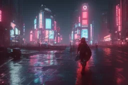 3D, beautiful, light reflecting, empty city at night, rainy night, neon, cyberpunk, person with helmet walking