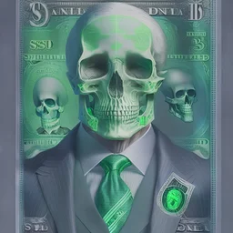 a head and shoulders portrait of a skeleton dressed in a three-piece suit as the president of the united states, based on us currency, united states one dollar bill, shades of green, real-life, colors match the united states one dollar bill, realistic, robotic,