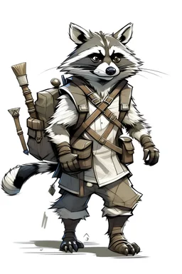 full body of an anthro raccoon, wielding a sword, t-shirt, big backpack, moderately tall, concept art sketch, with a blank background