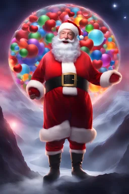 Christmas Themed -- Multicolored 3D Bubbles, multicolored, Floating 3D hearts with an electrical current, fog, clouds, somber, ghostly mountain peaks, a flowing river of volcanic Lava, fireflies, a close-up, portrait of Tim Allen as Santa Claus smiling a big bright happy smile, wearing a red leather jacket, red leather pants, black boots, red baseball cap with the words MERRY CHRISTMAS on it, Ray-Ban Wayfarer sunglasses, in the art style of Boris Vallejo