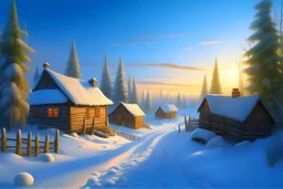 photorealism, blue sky, dawn, snowy, sunny rays, beautiful sunny morning, very beautiful big Russian village, beautiful small wooden logs, various carved beautiful houses of different colors, fluffy trees, long snow-covered path, fluffy snow, yellow-blue shadows, professional photo, pastel colors, high resolution, high detail, ISO 100, realistic, beautiful, aesthetically pleasing, soft lighting, dim lighting, bright lighting, Thomas Kinkade
