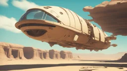 Sleek cargo spaceship, built like a teardrop, landing in a wide empty ruined alien street, blue sky