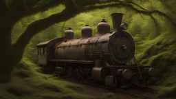 The abandoned old station locomotive is a canvas for nature's art, with vines and moss creeping up its sides and birds nesting in its nooks and crannies. Its once powerful engine now rests, a peaceful contrast to the bustling city it once served