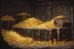 dnd, fantasy, watercolour, large strokes, stylistic, large and deep dungeon, piles of gold, chests full of gold, various gems, various riches, opulent, grandiose