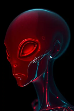 A transparent, hollow, glowing, face , a side view photo , 8k, high resolution for a big head alien in dark red