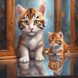 In a world full of fantasy, a little kitten stands in front of a mirror. In place of his own reflection, a majestic tiger appears. The little cat's eyes are wide in awe as she beholds the majesty of the tiger. Details like lush fur, bright orange stripes, and the tiger's intimidating gaze in the mirror create a sharp contrast to the kitten's delicate and innocent appearance Leica Q2 with Summilux 3 Photo