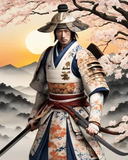 Fascinating portrait of male samurai in exquisite ukiyo-e porcelain armor, adorned with delicate floral motifs, harmonious combination of soft whites and earthy tones, powerful pose, with samurai helmet, imposing presence accentuated by the grip of a magnificent white porcelain katana . Ukiyo-e inspired landscape, golden sunset and Sakura trees create a captivating cinematic atmosphere. Full body