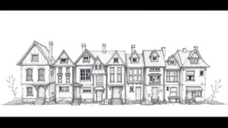 A technical front view pencil drawing of a row of dilapidated fantasy houses of different heights.
