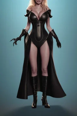 Kim Basinger in black leather gown, evil,energetic, villain, busty, cleavage, curvy, angry, happy, stern look. character design by cory loftis, fenghua zhong, ryohei hase, ismail inceoglu and ruan jia. unreal engine 5, artistic lighting, highly detailed, photorealistic, fantasy