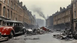 1940s London street with bomb damage, injured people, vehicles, ambulances, fire engines, wartime, full colour