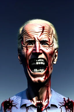 realistic image, joe biden zombie, zombie posing, arm cut and bleeding, amputated leg, night, walking with a limp, waist up view, dark ambient, highly detailed, sky background, concept art, unreal engine 5, god rays, ray tracing, RTX, lumen lighting, ultra detail, volumetric lighting, 3d, finely drawn, high definition, high resolution.