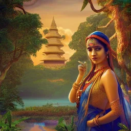 highly detailed indian lake with temple, indian woman in sari and lotus landscape with jungle, sunset, illustration, cinematic lighting, 4k, 8k, octane render, digital concept art, trending on artstation, pinterest, extremely detailed, ambient lighting.