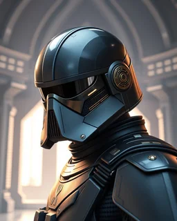 star wars bald male corellian pilot wearing pearlescent black and gunmetal grey First Order special forces heavy assault stealth commando armor and helmet with mirrored visor and gold and metallic red trim inside the jedi temple, hyperdetailed, dynamic lighting, hyperdetailed background, 8k resolution, volumetric lighting, light skin, fully symmetric details