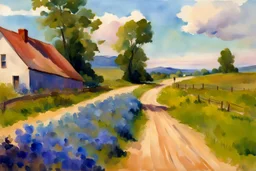 Sunny day, clouds, dirt road, flowers, mountains, big rocks, trees, sci-fi, winslow homer watercolor paintings