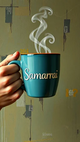 Bosch style painting , 3D hand holding a coffee mug written on it “ Samarrai “
