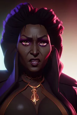 Pam Grier as evil queen in black leather, leather, busty, cleavage, angry, stern look. character design by cory loftis, fenghua zhong, ryohei hase, ismail inceoglu and ruan jia. unreal engine 5, artistic lighting, highly detailed, photorealistic, fantasy