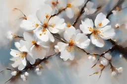 Close-up of a fragment of a branch with white cherry blossoms. Abstract Oil painting in the style of Willem Haenraets.