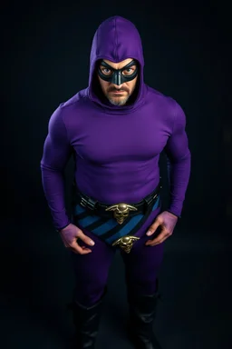 The Phantom - full-length, A Real-life portrait of a photorealistic man with piercing blue eyes, a chiseled jaw, goatee, timeless face, stern expression, Wearing a tight fitting purple cotton hero suit with a cowl that fits tight to his head, but does not cover his face, he wears a thin, black leather, bandit eye disguise over his eyes, black and blue diagonally striped trunks, dual-holstered pistol belt adorned with a triangle skull-shaped buckle with leg straps, Knee-high black leather boots