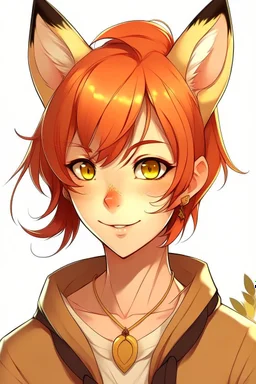 A female with very short red hair, gold eyes, large fox ears, slight smile, pale skin, cartoon