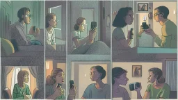 6 panels showing 12 different people in their house talking on the phone in a 12-step meeting