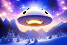 white spaceship ufo with light in the below. the landscape is a fairy colourfull forest with snow sweety mountains. the sky is blu with stars and brightness beam