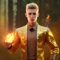 Male, Human, Blond, Sorcerer, Fire Mage, Golden Eyes, Young, Photorealism, Full Body Shot, Forest Background