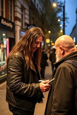 A stalker wants an autograph from a long-haired rock musician on a street in central London. The stalker is an overweight soon bald 25-year-old and looks a bit slimy, the atmosphere is oppressive and unpleasant