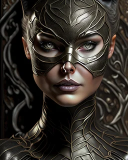 Young faced woman catwoman portrait adorned with leather r ivory filigree caved catwoman masque with metallic filigree catwoman ribbed mineral stone ornated ivory masque and ivory caved and leather and mineral stone ribbed cat woman dress organic bio spinal ribbed detail of voidcore decadent gothica background extremely detailed hyperrealistic maximálist concept portrait art