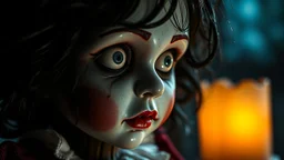 Dark and eerie realistic doll, inspired by Tim Burton's style, intricate details on porcelain face, dramatic lighting with shadows, creepy atmosphere, concept art by Gris Grimly.