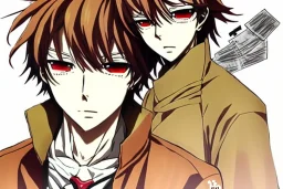 Detailed pretty anime boy, brown hair with blonde strips, keep head in frame, headshot, glaring, brown eyes, covered in bandages, looking serious, illustration, digital painting, only one character, color scheme red, wearing many bandages, Osamu Dazai inspired, anime inspired, manga, dazai, red hair, Chuuya, pretty, scruffy, angry, brooding, manga inspired, small nose, long lower eyelashes, handsome, widows peak, headshot, glaring, cute, wearing a bandage on neck, small nose, scruffy hair