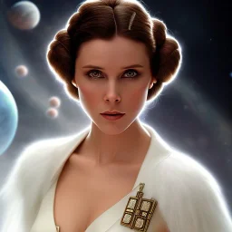 model shoot style, digital art zoomed out portrait of (Princess Leia) ((dressed in white and off white gown)), surrounded by 100 planets, ultra-detailed, ultra quality, illustration, eerie atmosphere, 8k, cinematic lighting