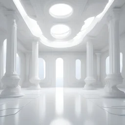 futuristic white room with loads of large beams and columns with embellishments and details surrounding the empty room. the flooring is flat but has organic shaped details. the lighting is bright white and the atmosphere is sci-fi