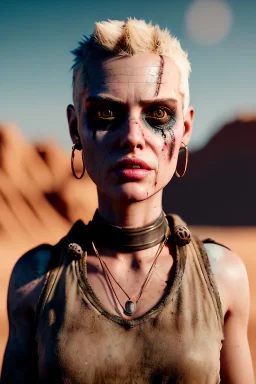 Fashion Portrait, tank girl, make up, natural busty, mad max style, glow eyes :: desert scene :: cinematic, Ultra realistic, wide angle view, soft color, highly detailed, unreal engine 5, RTX, ultra detail, volumetric lighting, 3d, finely drawn, high definition.