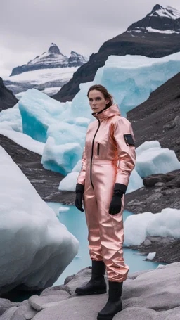 Fashion film in the icefields of Patagonia, a stunning supermodel in an incomplete Astronaut pink bronze suit discover the icefields and giant iceblocks and icebergs using stunning poses we can see her face through the glass . Supreme landscape, inticate background and a minimalist composition that creates a great megalophobia effect. Old lens, old Kodak vision filmstock, 1600 iso.inspired by Ren Hang, design milk,, wanderers traveling from afar, trending on artisation, cloning spell, coat pleat