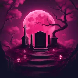 A moon in a glowing dark pink forest, lightning, a gravestone, chain