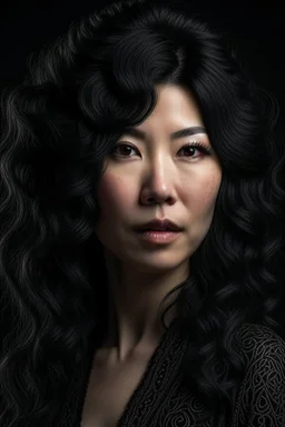 portrait of a mature asian goth woman with wavy black hair, fantasy style, realistic style, highly intrictae details, high quality, 8k